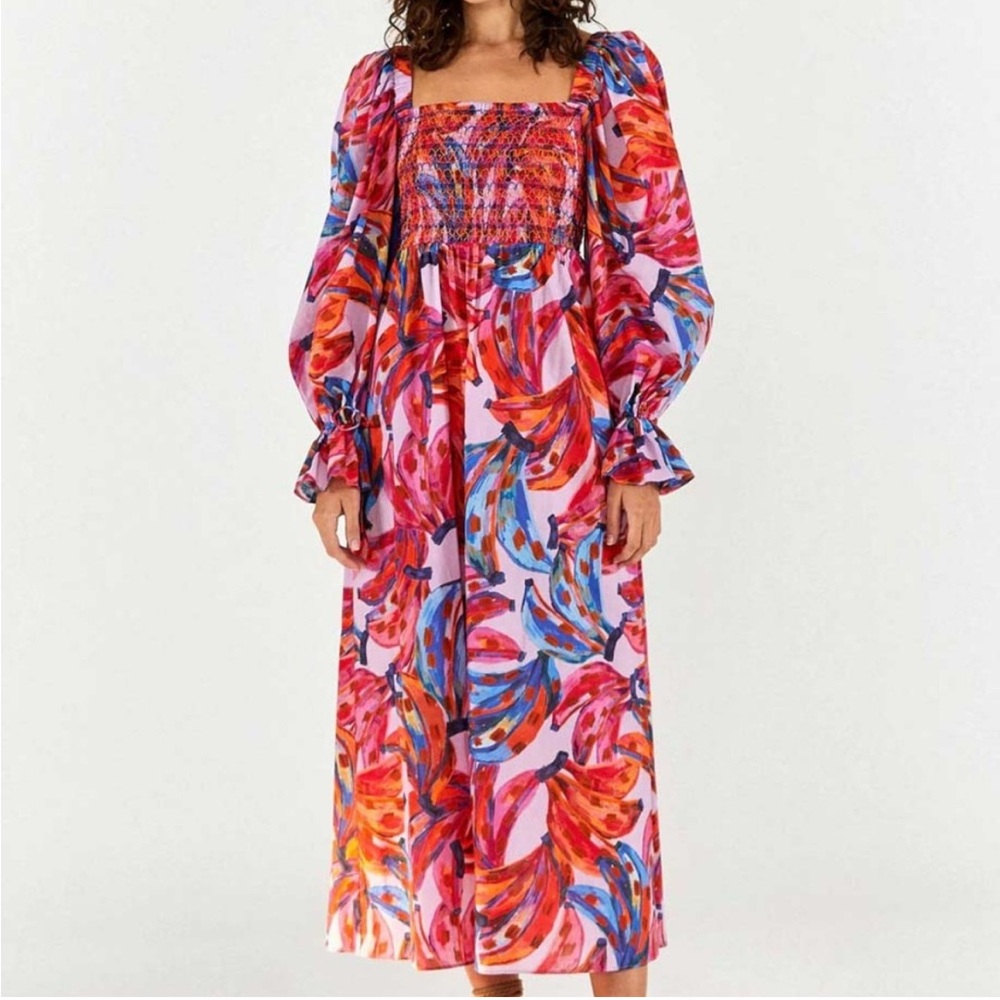 Farm Rio Coloured Bananas Tropical Chic Resort Wear Smocked Maxi Dress M - Picture 14 of 15